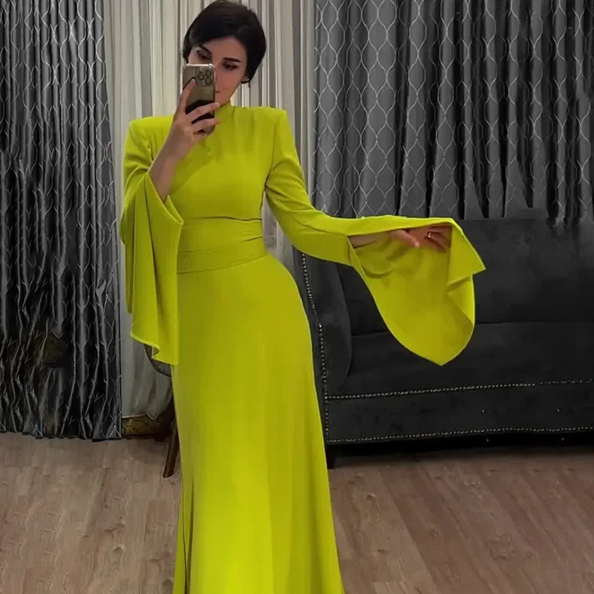 Muslim Abaya Elegant Women Maxi Dress Long Ruffled Sleeves Half High Neck Robes Wedding Evening Party Gown Dubai Kaftan Vestido