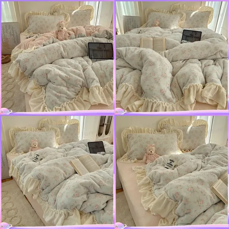 Korean milk edelweiss edge bed four-piece set autumn and winter thickened warm coral flannel quilt cover bed sheet