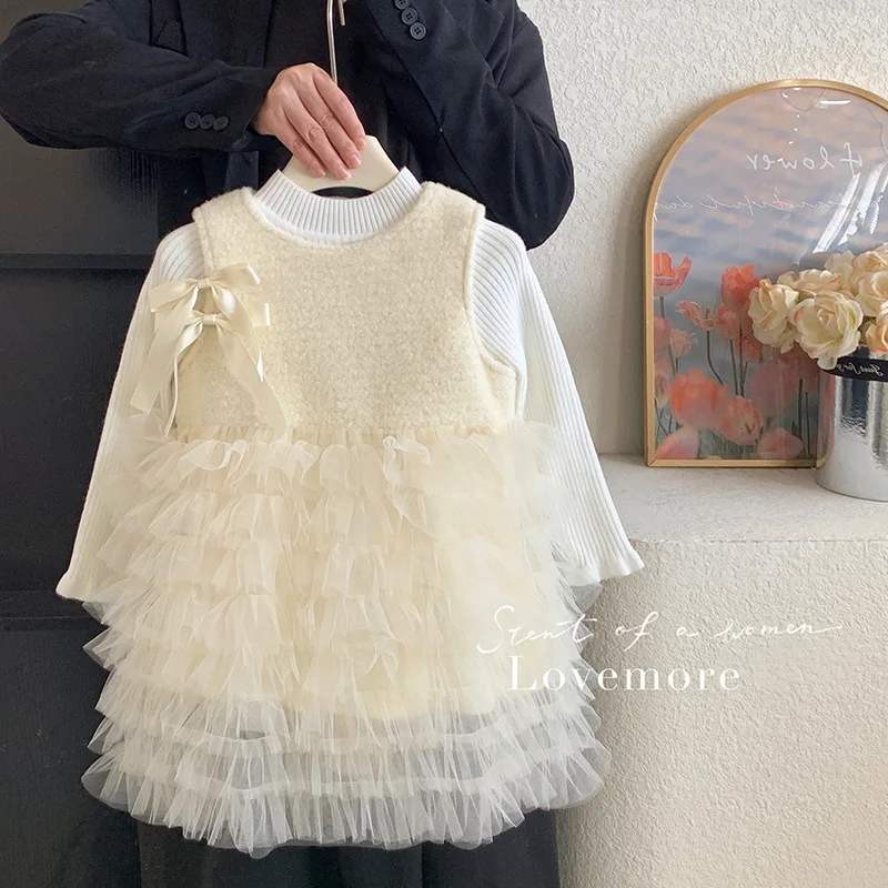 

Korean children's clothing2025New Autumn and Winter Girls' Fleece-Lined Dress Sweater Non-Fleece Mesh Princess Dress