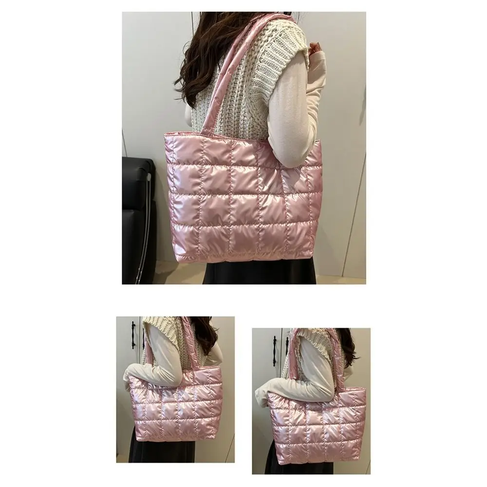 Casual Solid Color Shoulder Bag Large Capacity Down Cotton Padded Women Handbag Shopping Bag Winter view 4