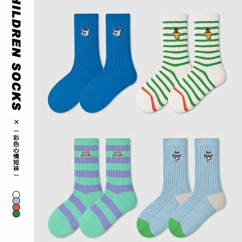 2024 Socks Children Socks Newest Fashion Striped Cartoon Letter Pattern Socks Kids Boys Girls Spring Socks 4 Pairs