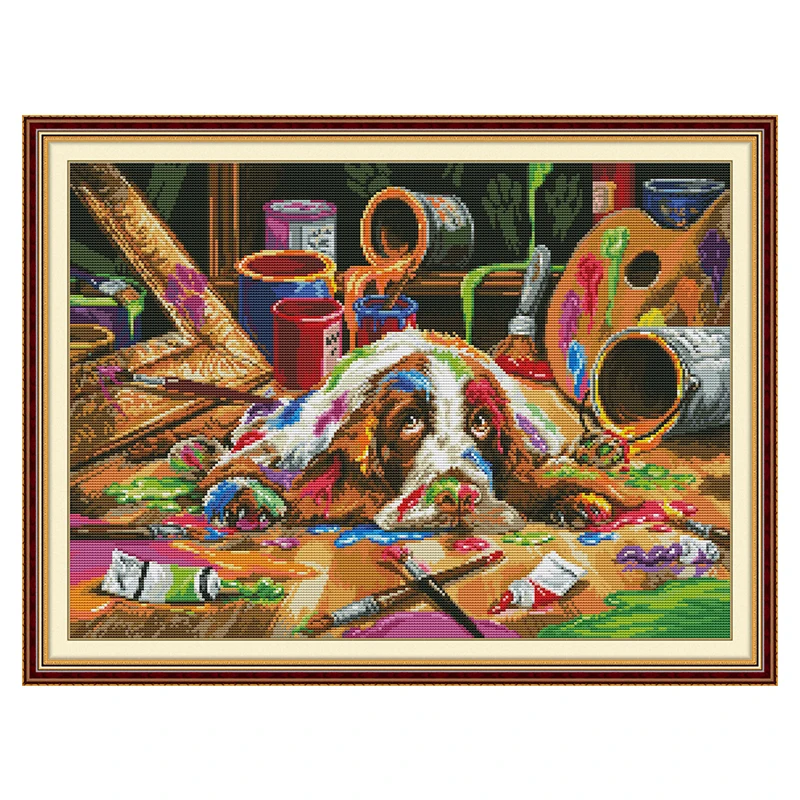 Puppy Loves to Draw Patterns Counted Cross Stitch Set DIY 11CT 14CT 16CT Stamped DMC Cross-stitch Kit Embroidery Needlework Gift