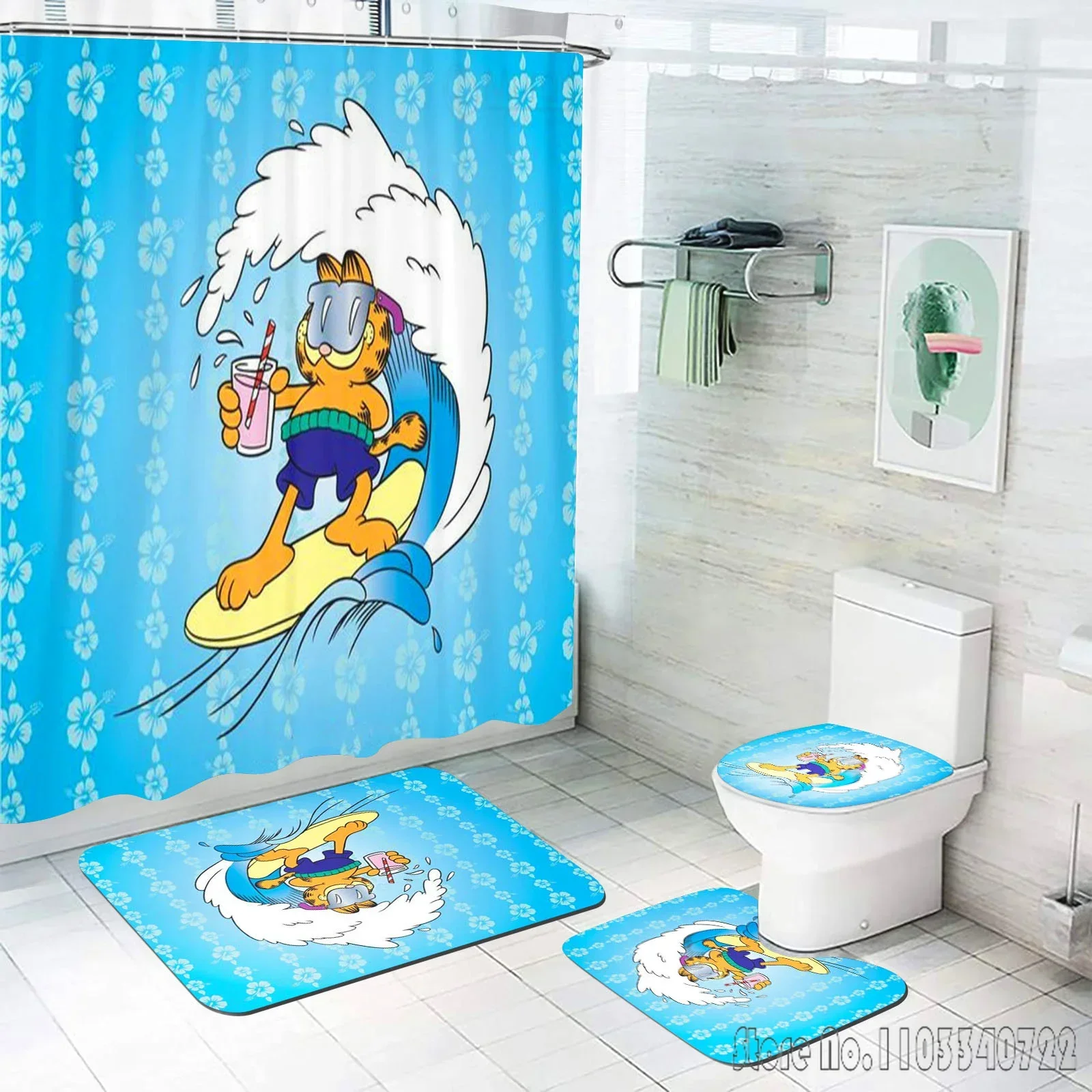 Disney G-Garfield Cat Bath Shower Curtain Set 4pcs with Hooks Waterproof Bathroom Toilet Mat Lid Decor