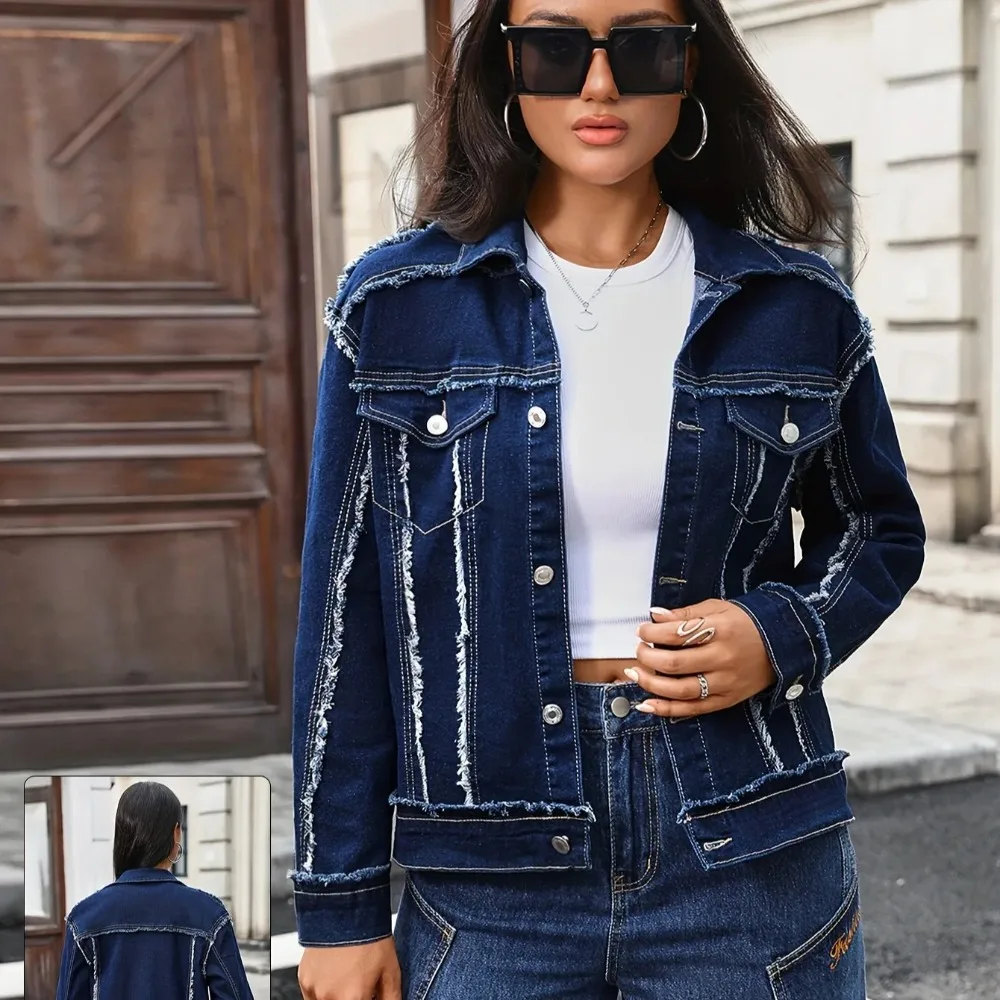 

Denim Jackets Women Short Coat Vintage Distressed Washed Ragged Edge Overcoat Pockets Single Breasted Outerwear Streetwear