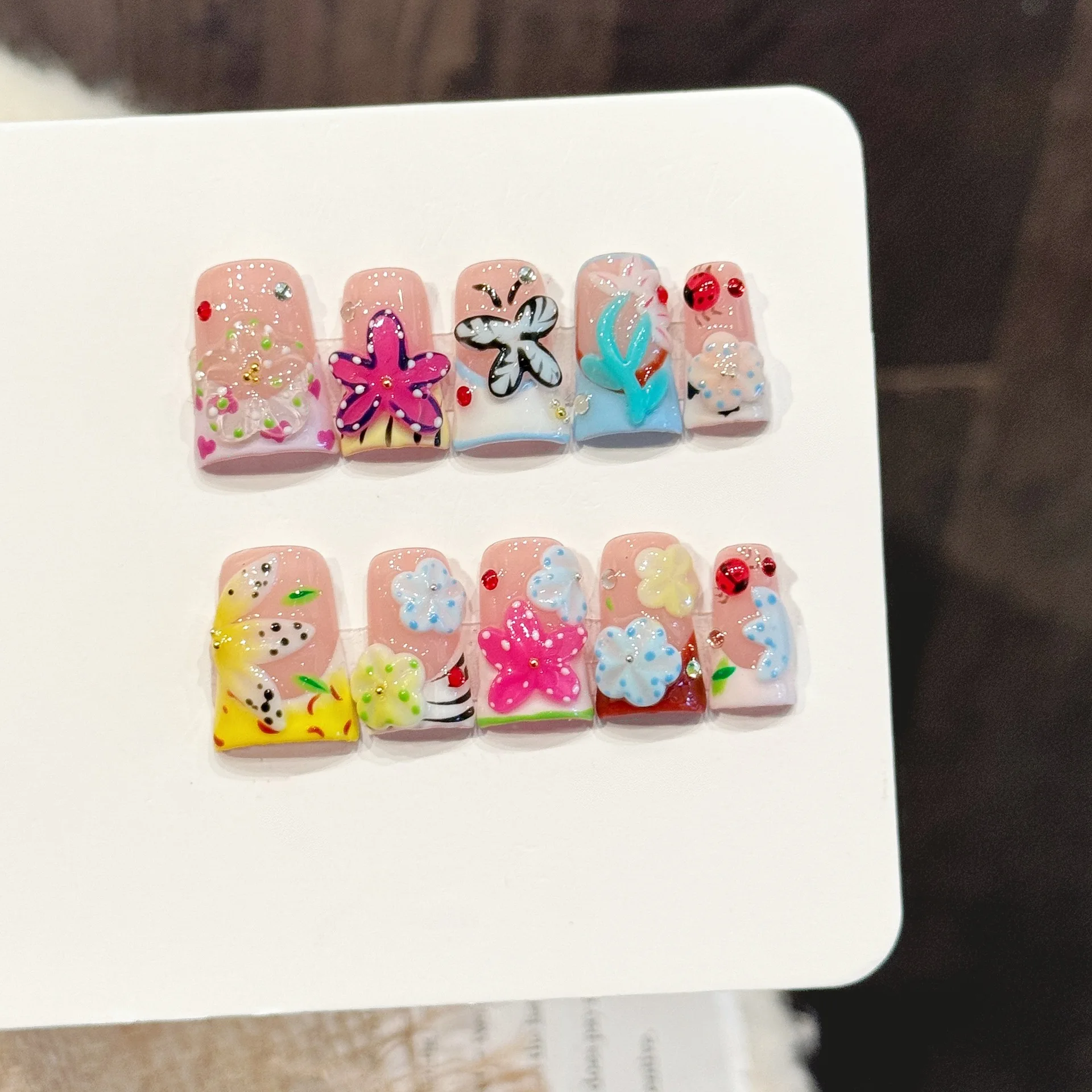 

10pcs Handmade Fake Nails Duckbill Shaped Press On Nails Colorful Flash drill French False Nails With 3D Carved Flower Designs