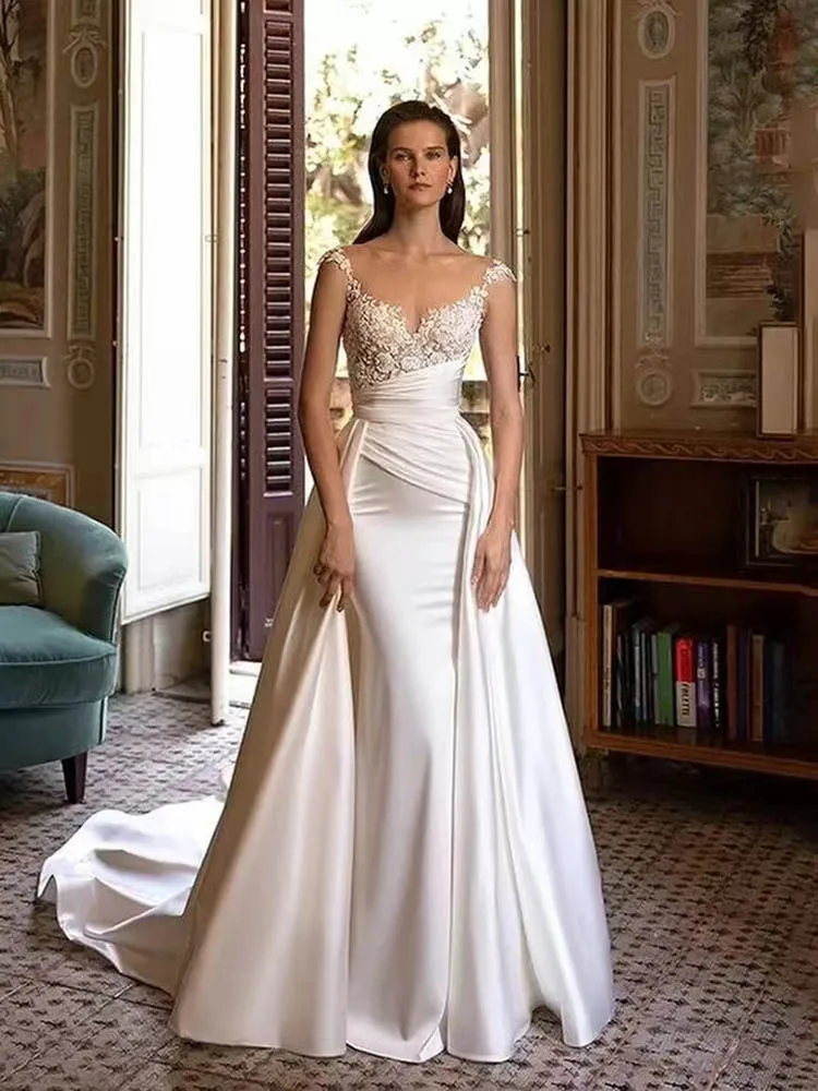 

Elegant Ivory Marriage Dress Floor-length Abito Sposa Semplice Plus Size Satin Wedding Dress V-neck Bride Dress