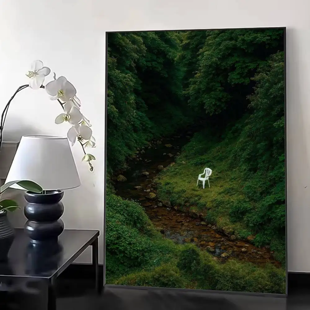 Surreal Forest Stream Poster, Weirdcore White Plastic Chair in Lush Green Valley, Eerie Calm Nature Art Print Aesthetic STICKER
