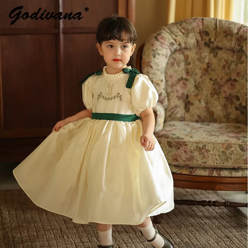 Baby Girls Lolita Princess Dress 2026 New Summer Short-sleeve Bow Ruffle Neck Puff Sleeve High End Embroidery Formal Party Gown