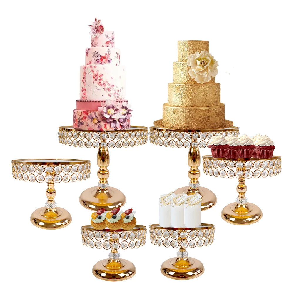 3-6Pcs Wedding Metal Cake Stand Set with Crystal Beaded Mirror Top Cake Display Stand Cupcake Display Plate Wedding Cake Holder