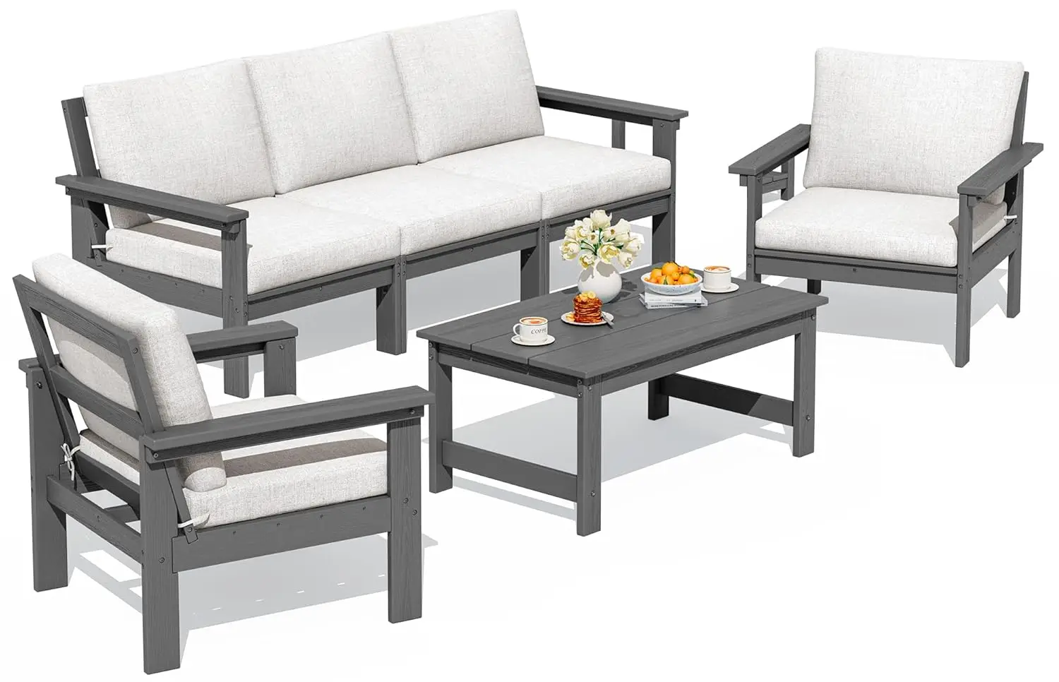 

6 Piece Patio Sectional Sofa All Weather Outdoor Furniture Deck Lawn Grey Frame Khaki Cushion, Customized