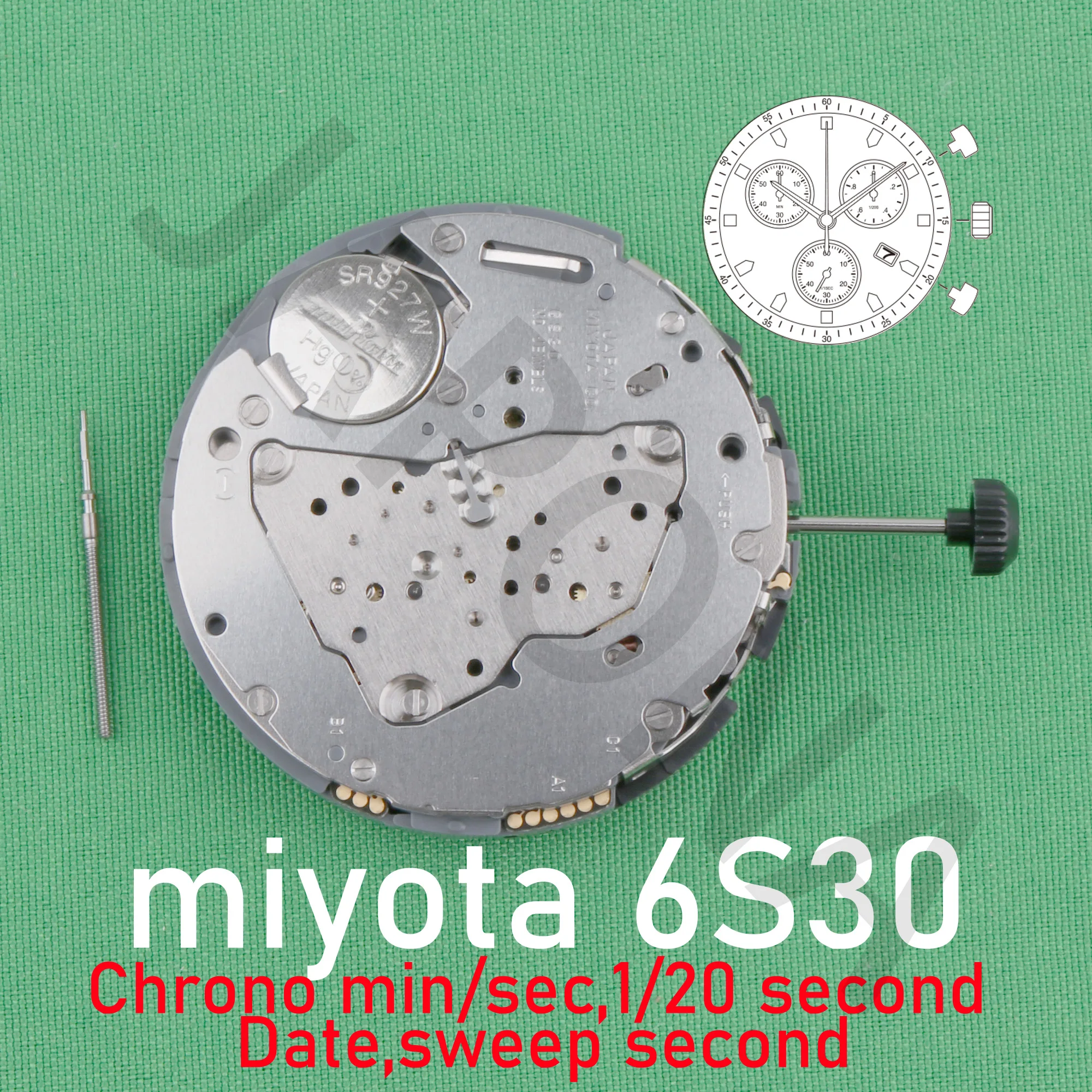 6s30 movement miyota 6s30 movement . Can incorporate tachymeter.Chrono min/sec, 1/20 second Date Long Life Battery 6s3O