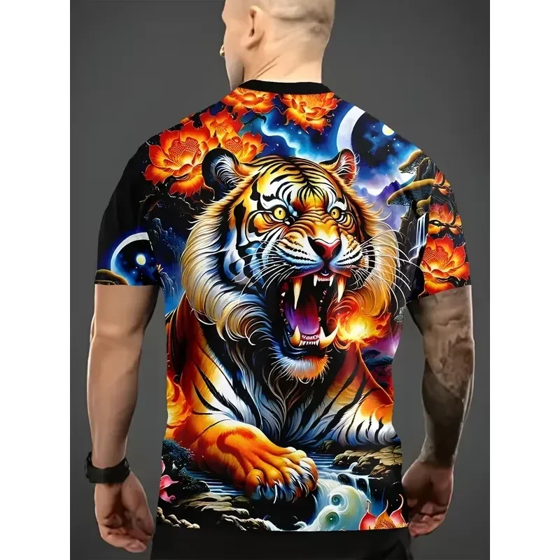 3D Digital Print Pearson Selection Tiger Flower T Shirt Men Short Sleeve Crew Neck Casual Summer Top 2026 Versatile Outdoor