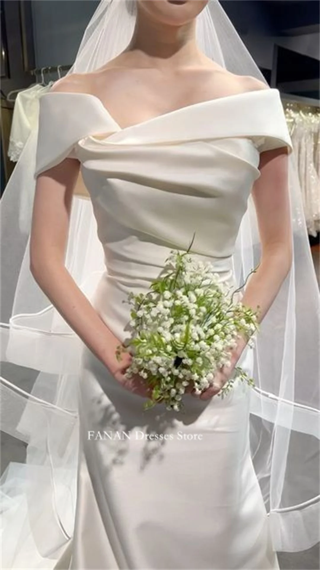 

FANAN Off Shoulder Korea White Long Wedding Dresses 웨딩드레스 Short Sleeves Satin Mermaid Customized Pretty Bride Gowns Plus Size