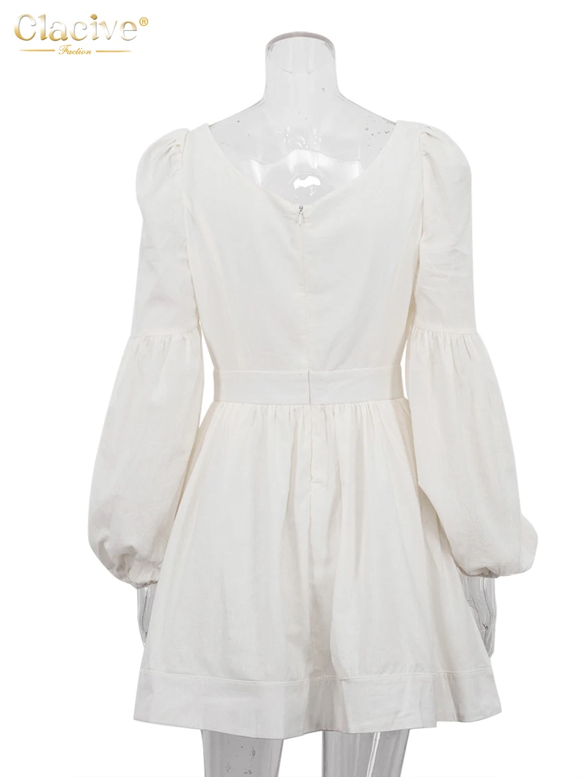 Imagem -06 - Clacive-mini Vestido de Algodão Branco com Manga Folhada para Mulheres Vestidos de Cintura Alta Elegantes e Finos Gola Quadrada Sexy e Elegante 2024