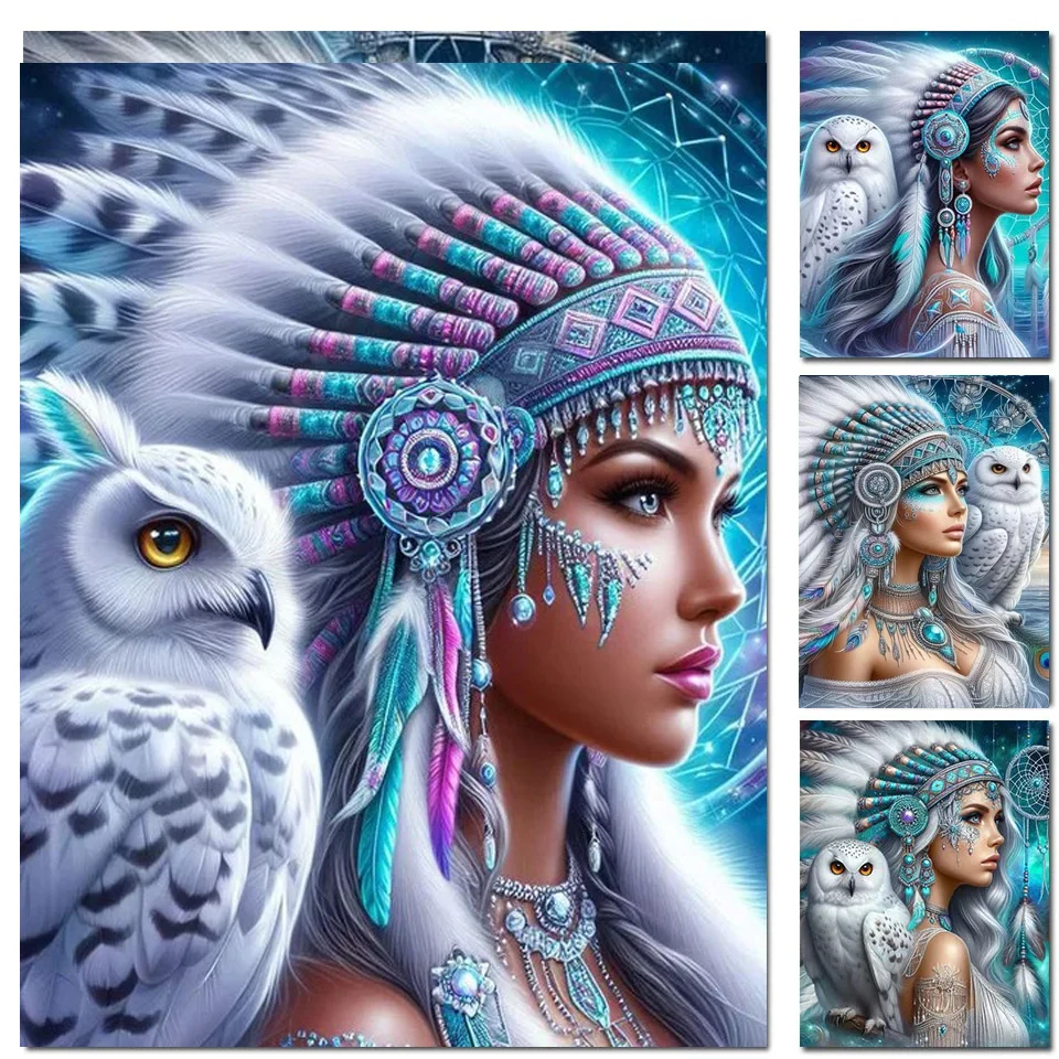 Fantasy White Feather Tribal Magic Elf Girl 5D pittura diamante fai da te simpatico gufo nuovo 2024 punto croce mosaico diamante ricamo