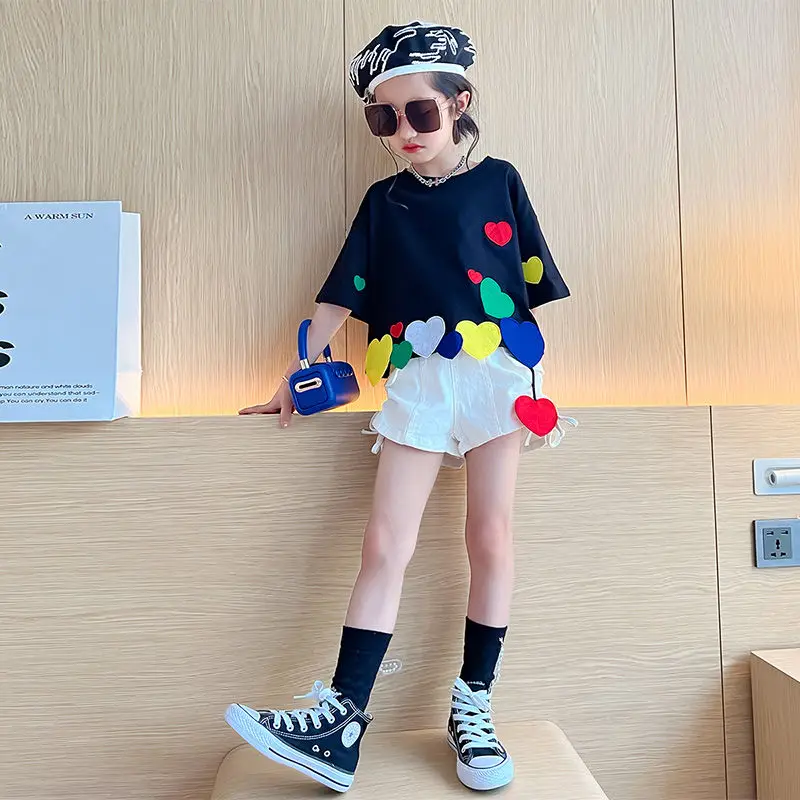 Elegant Fashion Harajuku Slim Fit Children Clothes Sets Loose Casual All Match Solid Shorts Color Blocking Short Sleeve Tshirts