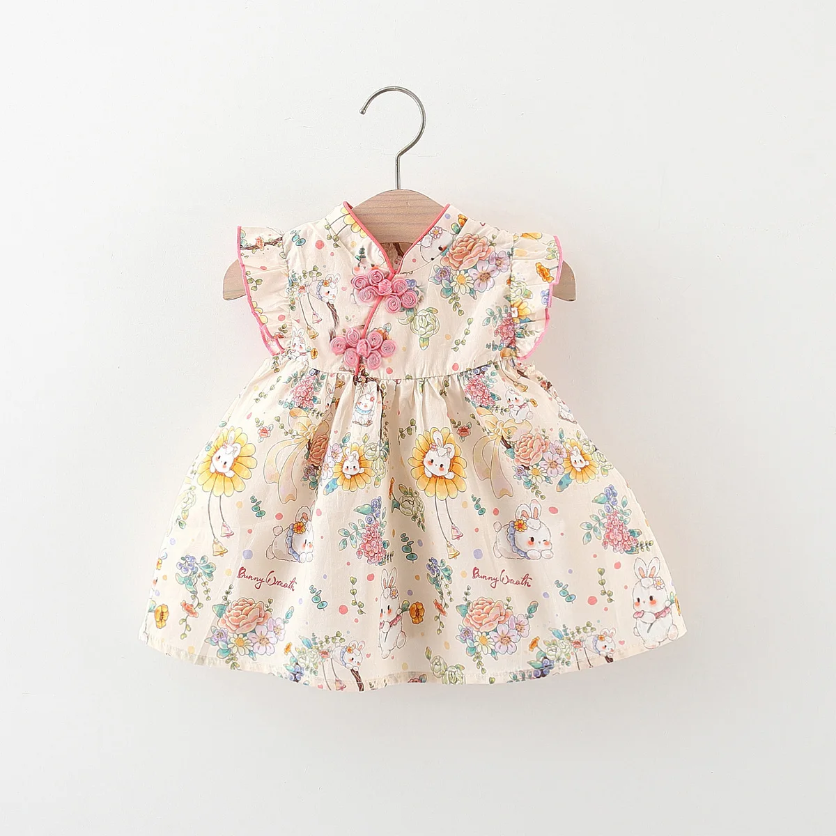 Summer Baby Girl's New Dress Sweet Little Rabbit Printed Fly Sleeves Suitable for Chinese Style Qipao for Children Aged 80-120