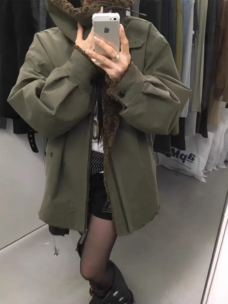 

Thickened Lamb Fur Parka Jacket Women's Spring Autumn Winter New Style Korean Version Military Green Stand Collar Nurse Workwear