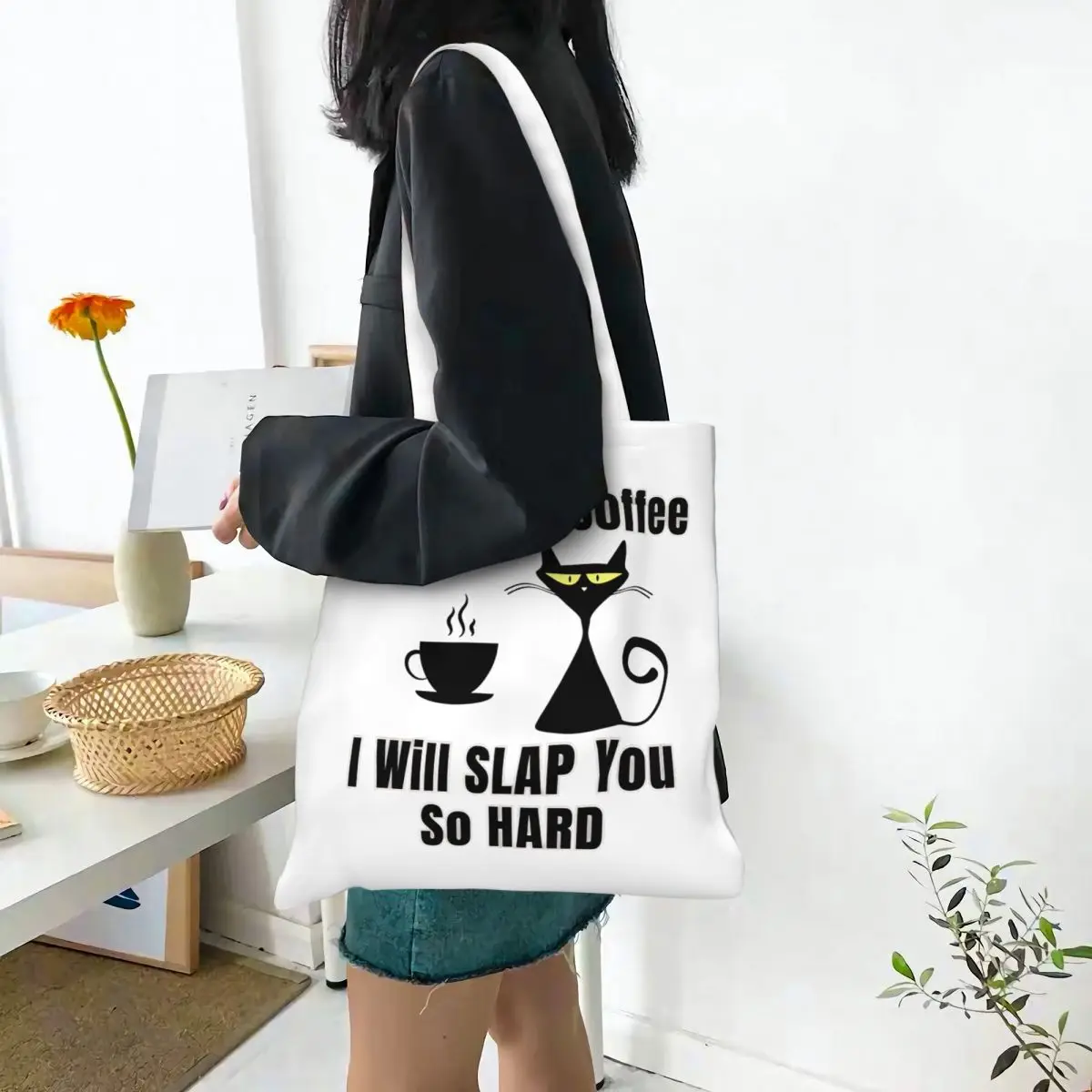 تلمس قهوتي سأقعك صعبًا جدًا، حقيبة قماشية لطيفة على شكل قطة، تصميم جمالي فريد من نوعه، حقائب مضحكة على شكل قطة ميمي للجنسين