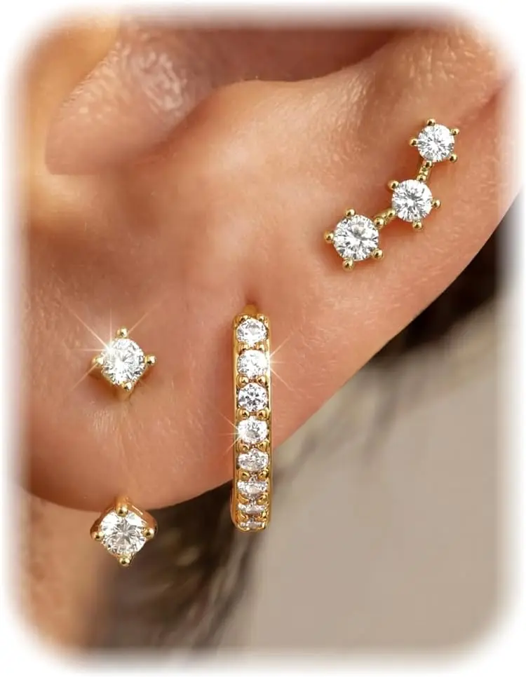 

3 пары гипоаллергенных серег из стерлингового серебра 925 пробы для женщин, позолоченные 14-каратным золотом, набор из серег-гвоздиков и серег-кольцев для хряща, не тускнеющие, изящные