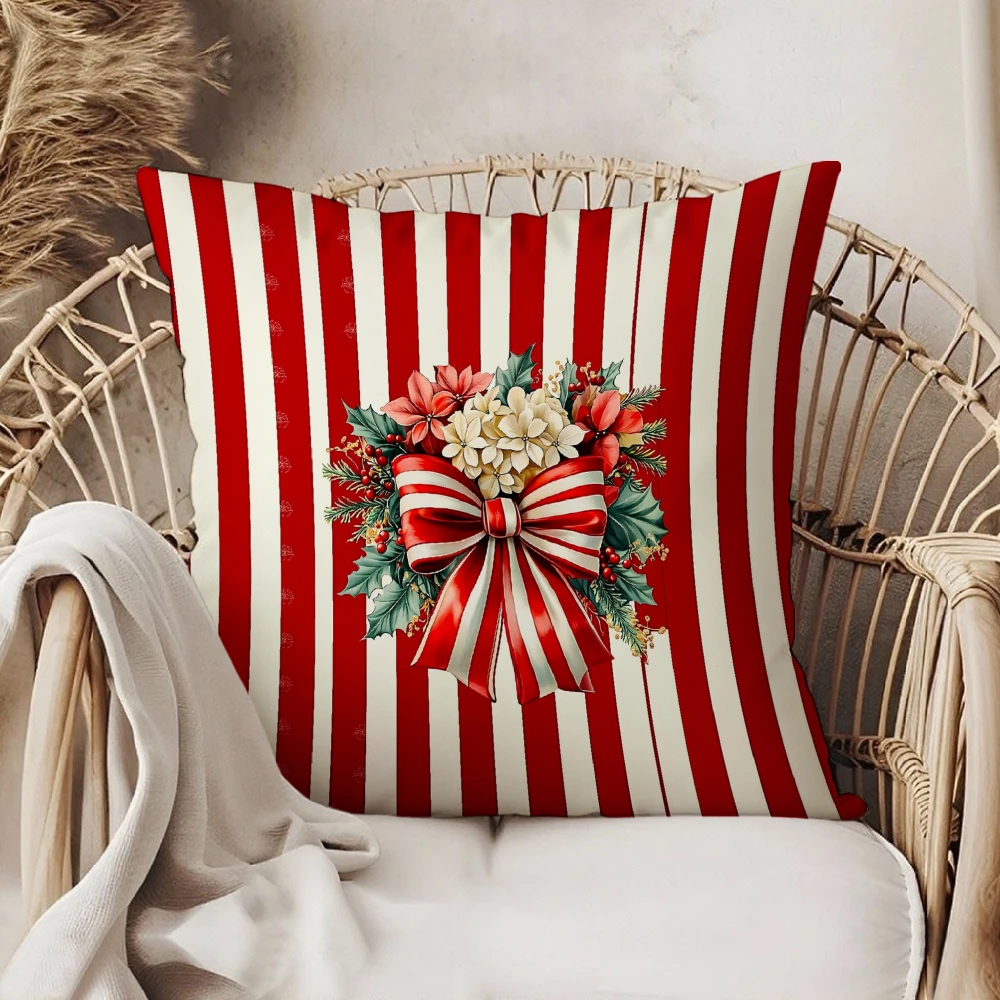 Square Throw Pillow Cover Red And White Vertical Stripes Christmas Floral Bouquet With Striped Bow Print Decorative Cushion Case
