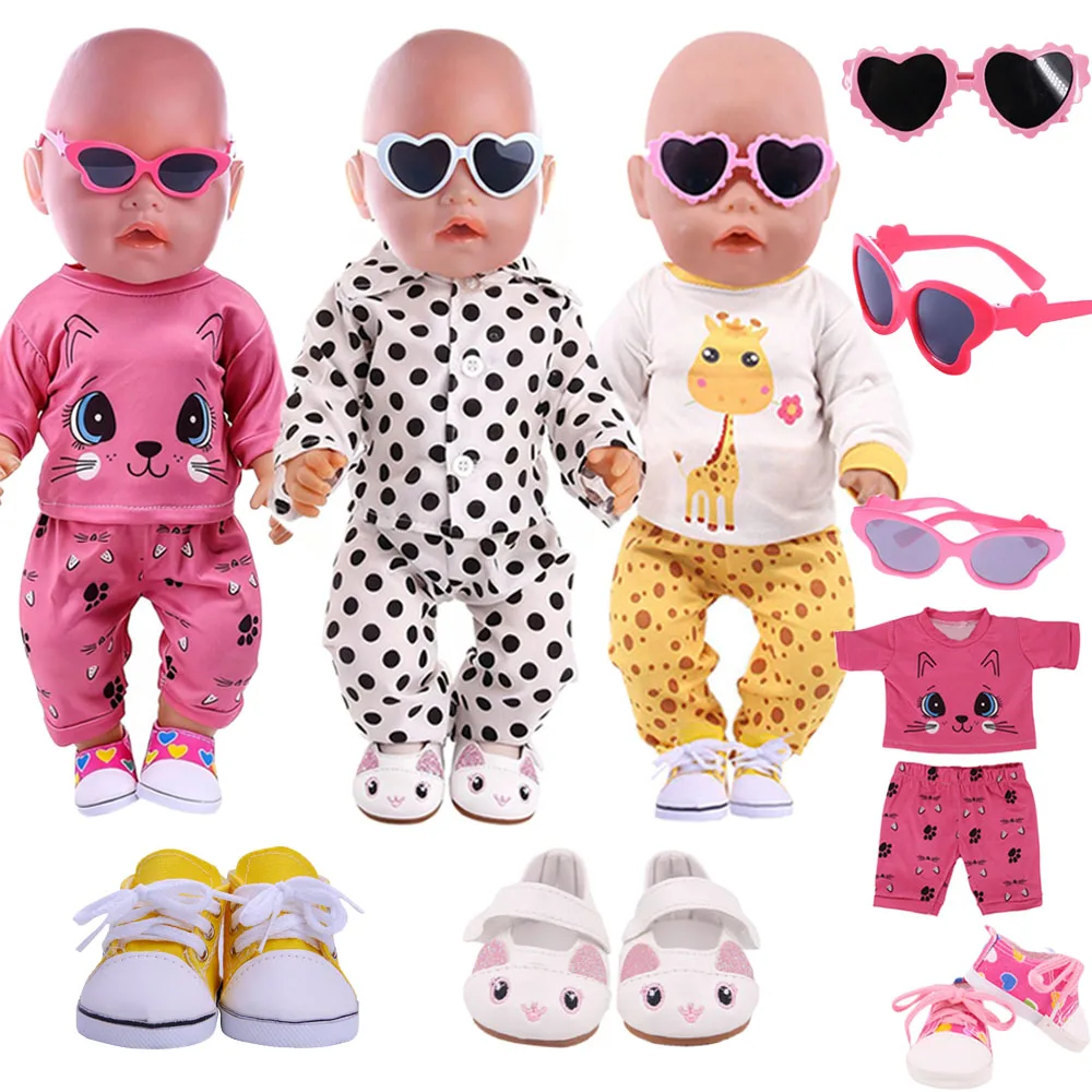 4Pcs/Set Doll Clothes Sunglasses+Top+Pants+Shoes Daily Homewear Fit 43CM Baby Doll&18Inch American Doll Accessories Kid Toy Gift