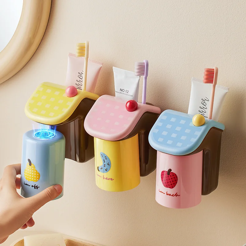 2PCS  Cute Plastic Dopamine Toothbrush Cup Holder Wash Cup Set Dustproof Cup Household Bathroom Couple Tooth Washing Organizer