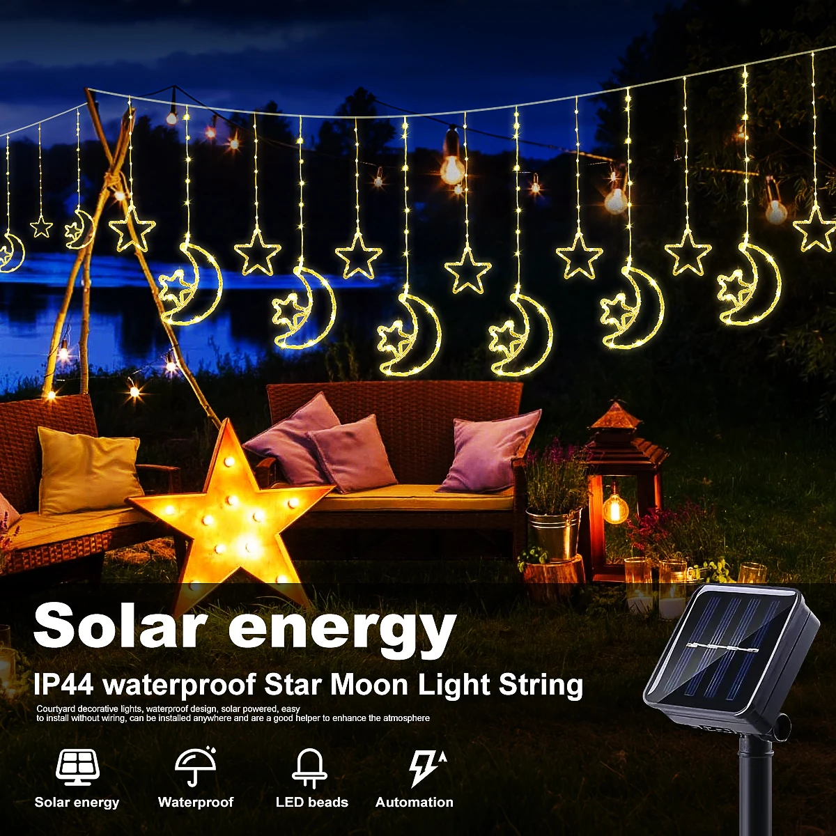 LED Decor Light Solar Moon Star Lights String Light Outdoor Waterproof Solar Powered Curtain Lights with 8 Modes Ramadan Hanging