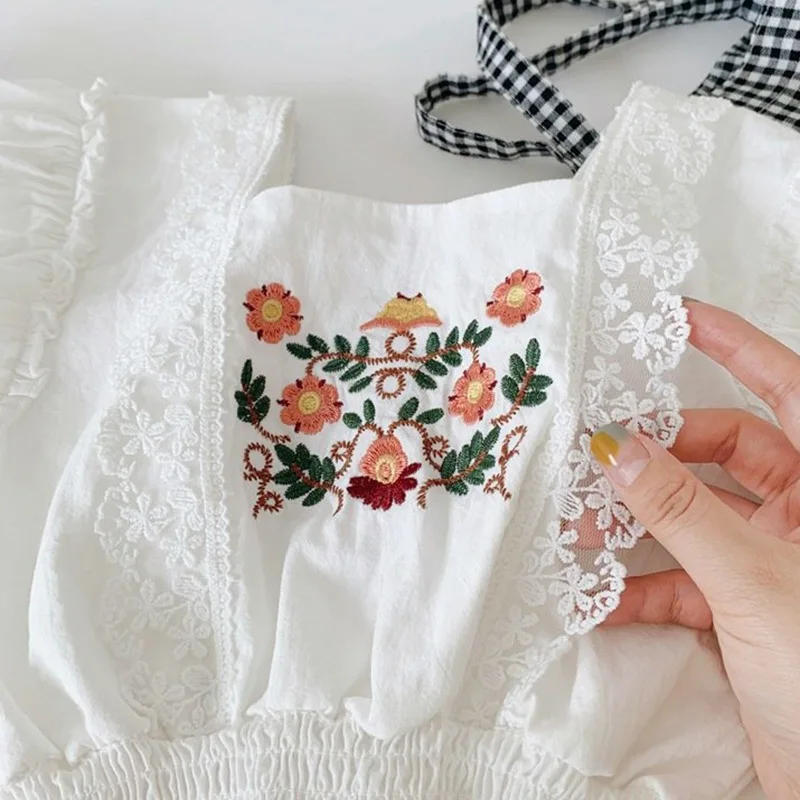 Summer Children Girls Cotton Flower Embroidered Shirt Korean Casual Girls Puff Sleeve Short Top