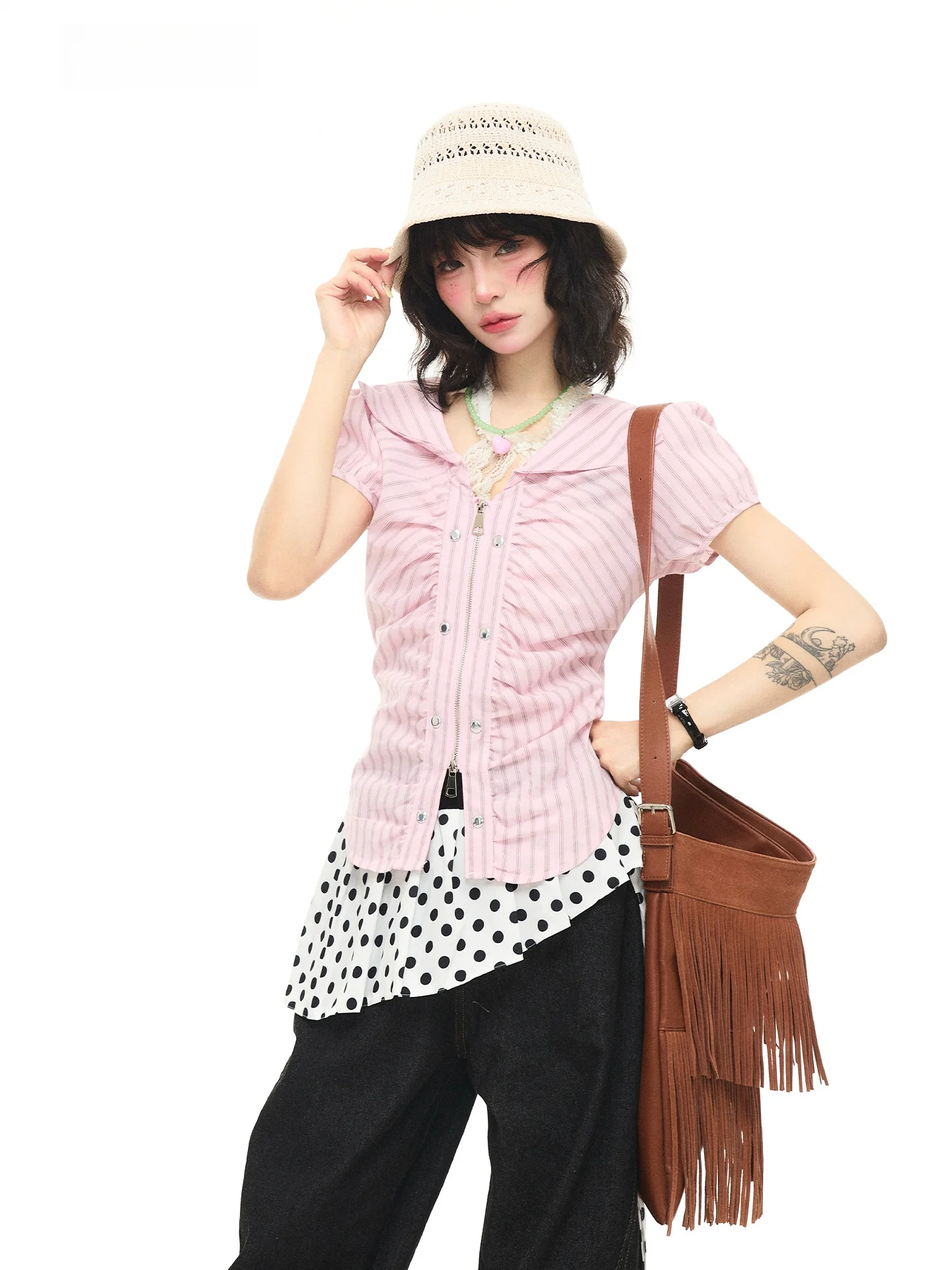 

Женский летний топ Astrsk Sweet Striped Color Blo Bubble Sve Zipper с зауженной талией, приталенный, для похудения, с молнией, элегантный