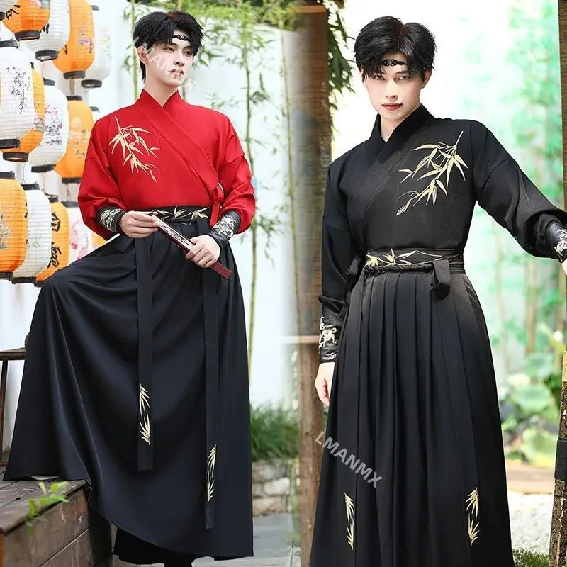 

Двойной дракон с вышивкой, красный традиционный костюм с длинными рукавами для пары, древний костюм ханьфу, набор для выступлений