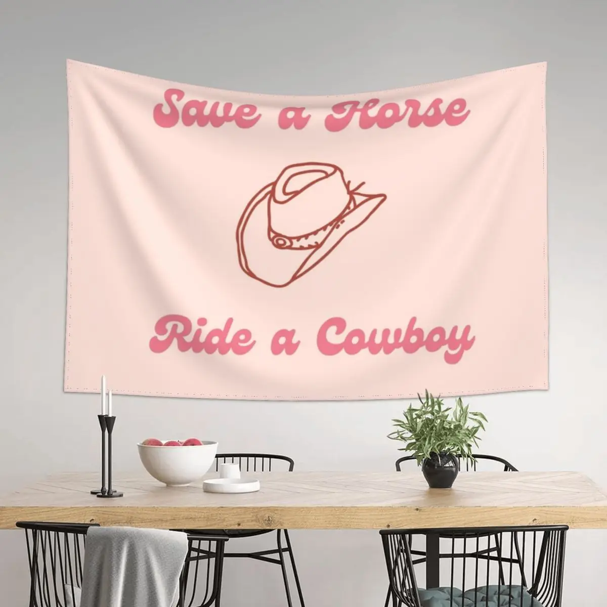 

Save a Horse, Ride a Cowboy pink and peach graphic with cute cowboy hat Tapestry On The Wall Bedrooms Decorations Tapestry