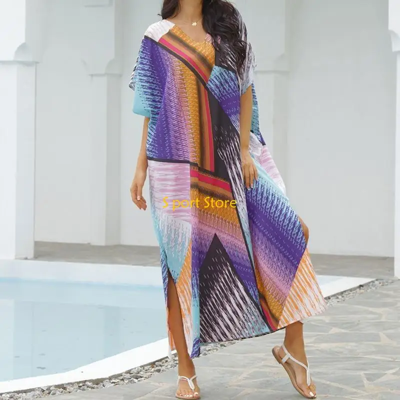 U2JB 女性エスニックプリントカフタンビーチドレスプラスサイズ水着カバーアップ水着