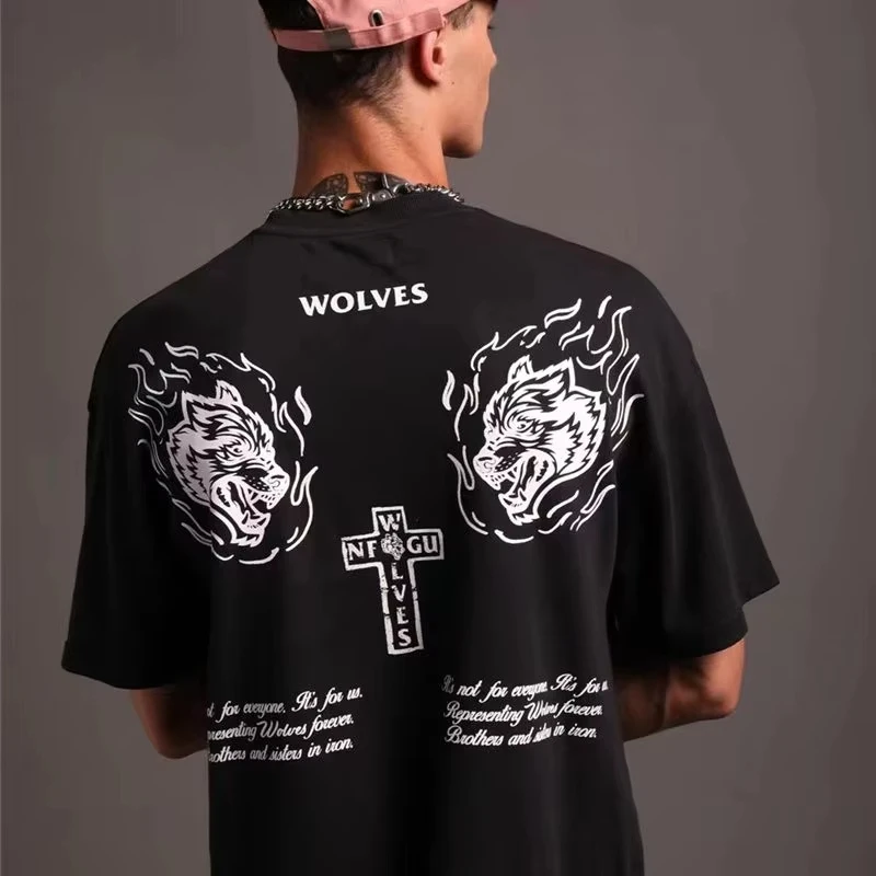 

DARC SPORT Wolf Head American Cross Loose Fitness Training Printed Casual Cotton Trendy Men's Short Sleeve T-Shirt