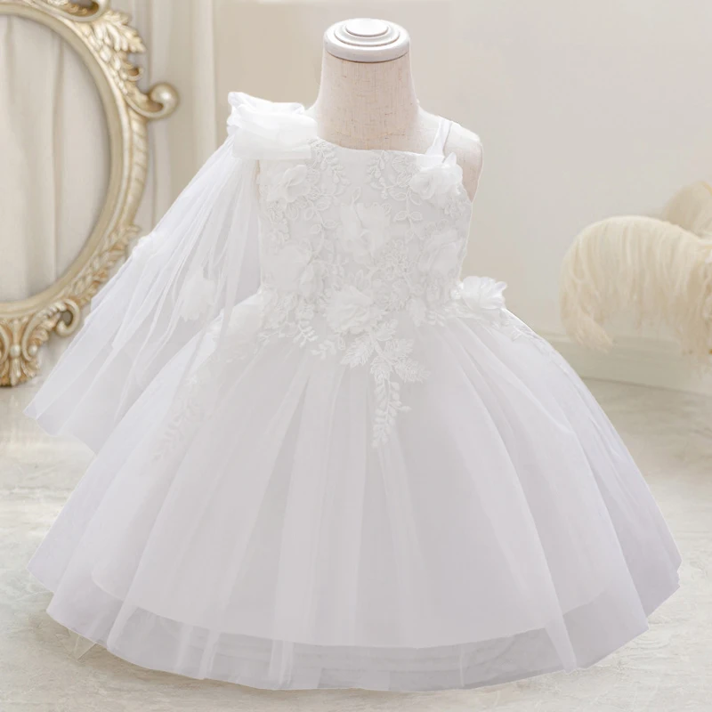 

Baby Girls Baptism Party Dresses Elegant White Wedding 1st Birthday Princess Flower Dress for Girl Evening First Communion Gown
