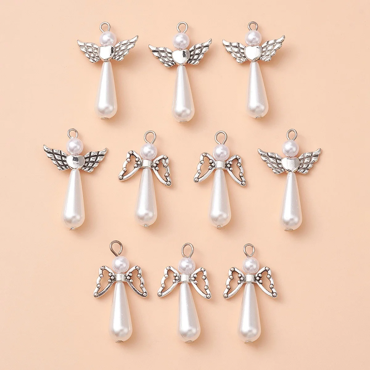 NEW 10Pcs Angel Heart Charms Wing Pendants Artificial Pearl Beads Lovely Charm for DIY Necklace Jewelry Accessories