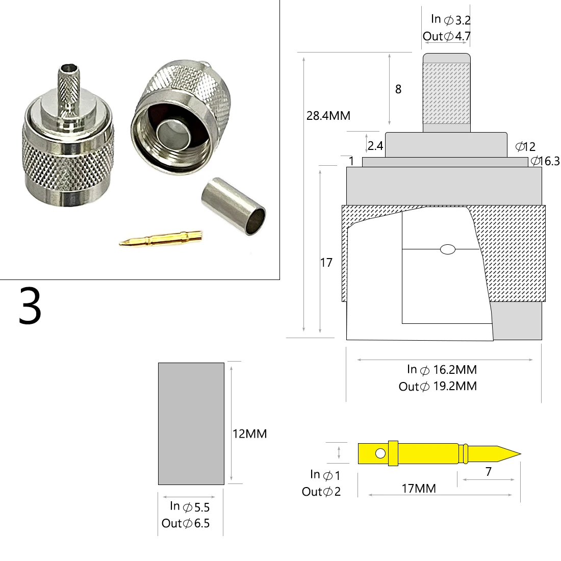 1-4PC N Type Male Female Plug Jack RF Coax Connector Crimp for RG316 RG174 RG58 RG142 Cable Copper Nickelplated With Drawing NEW