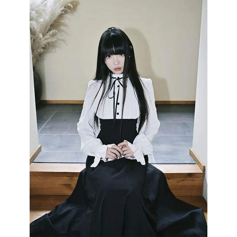 MEXZT Vintage Midi Dress Women Harajuku Gothic Patchwork Stand Dresses Y2K Japanese Lace Up Long Sleeve Bodycon A Line Vestidos