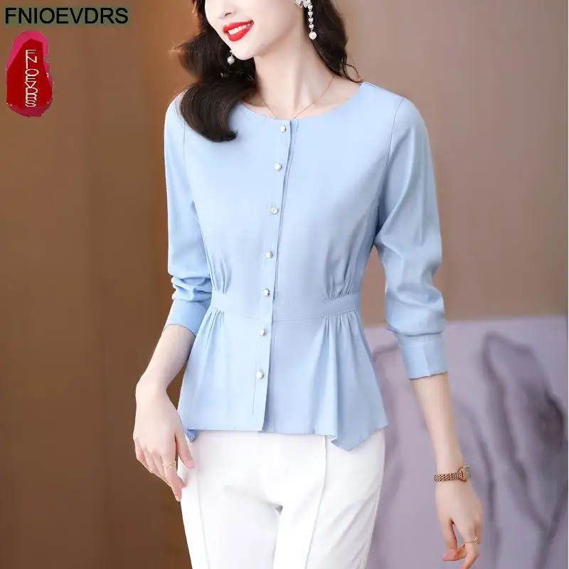 S-3XL 2023 Women Autumn Elegant Office Lady Work Button Basic Shirts Casual Slim Tunic Peplum Tops And Blouses Purple