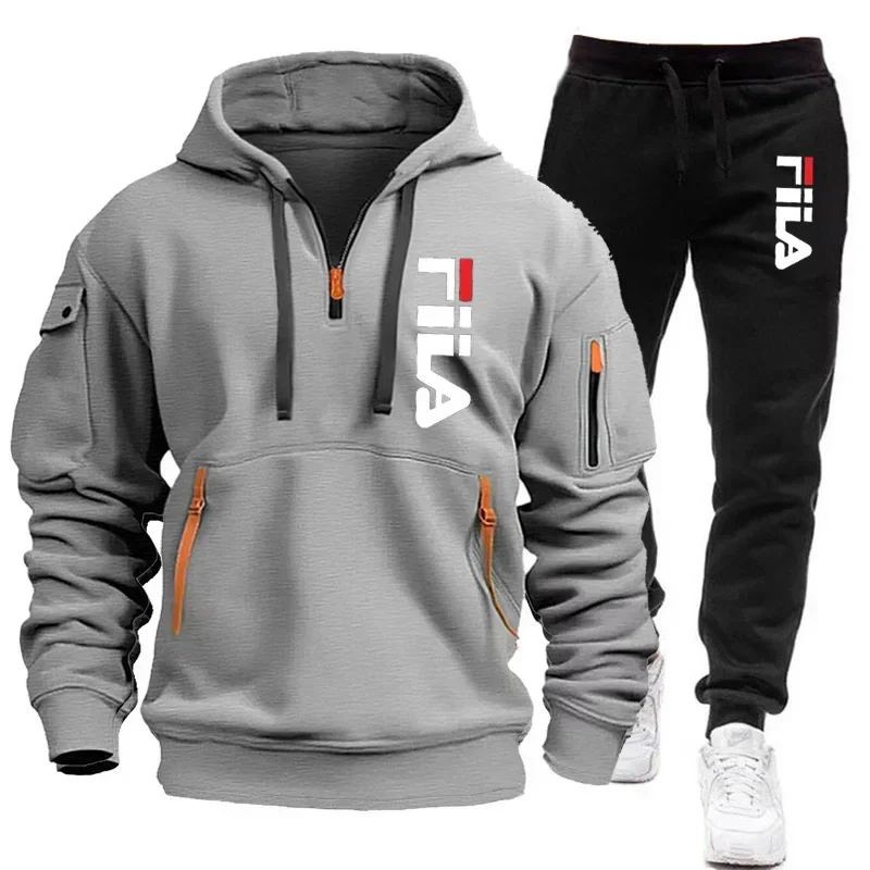 Spring and Autumn street new men's zipper hoodie + pants two-piece set, outdoor multi-pocket men's casual pullover sports suit