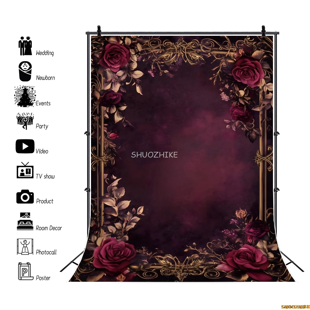 خمر الإطار الذهبي الزهور التصوير خلفية الظلام الأحمر الأزهار جدار الزفاف الكبار الاطفال صورة خلفية الصورة الحوامل