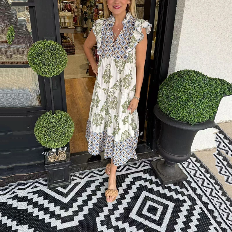 봄 여름 새로운 패션 여성 드레스 레트로 캐주얼 인쇄 슬래시 목 랜턴 슬리브 불규칙한 밑단 슬림 a 라인 롱 드레스