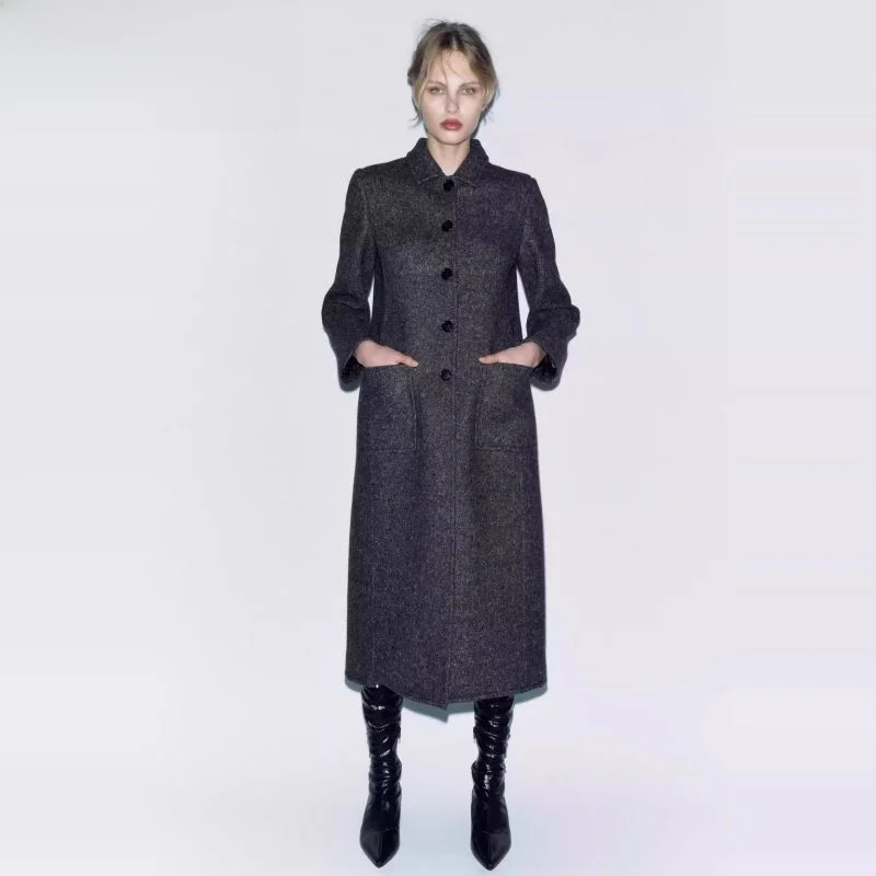 

Fall Winter New Faion Casual Single Button Patch ket Decorated Mixed Fiber Coat Women's Sli Commute Straight Cut Coat