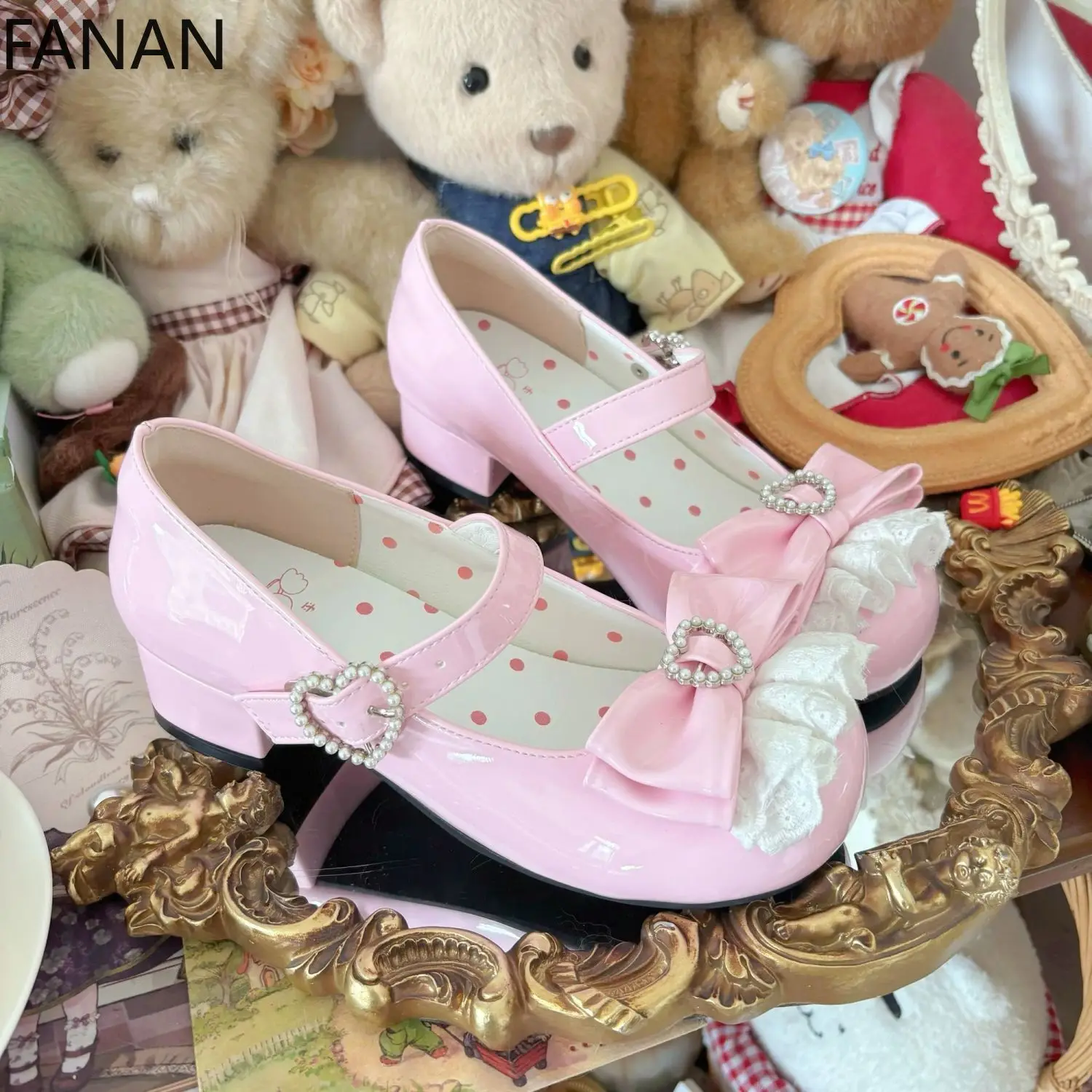 

Flats Cute Low Heel Women's Shoes Sweet Lolita Single Shoes Bow Summer Pink Kawaii Pumps Mary Jane Platform Sandals