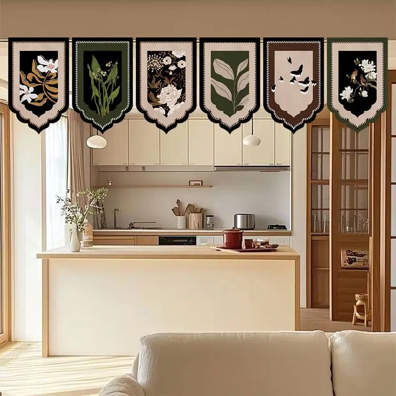 VIKAMA Vintage Botanical Flag Triangular Curtain Black Green White Bloom Leaf Butterfly Gothic Chinese Kitchen Window Valance