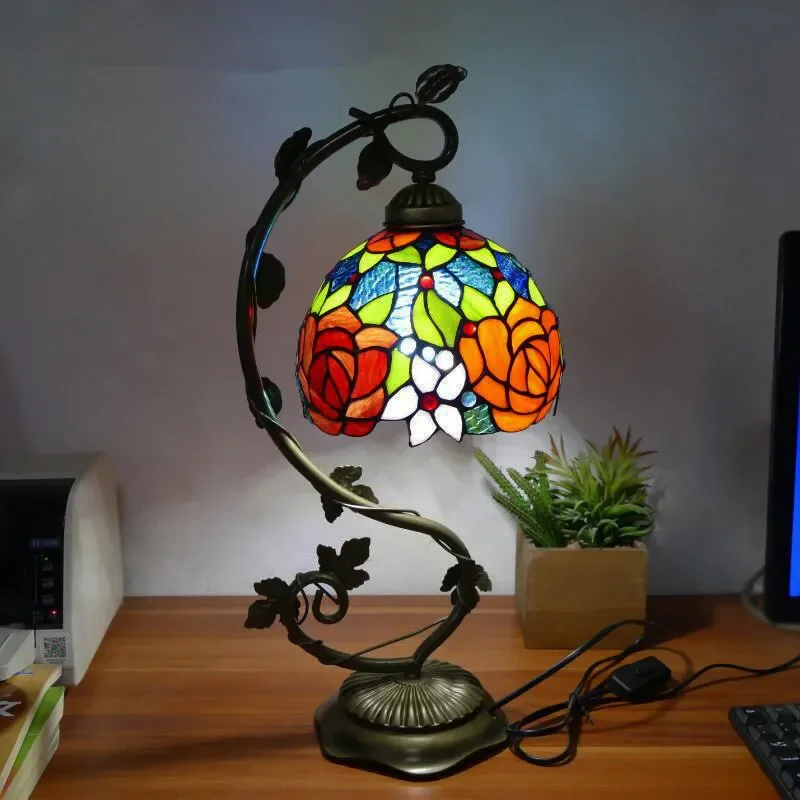 

TEMAR Tiffany Table Lamp American Retro Living Room Bedroom Lamp Luxurious Villa Hotel Stained Glass Desk Lamp