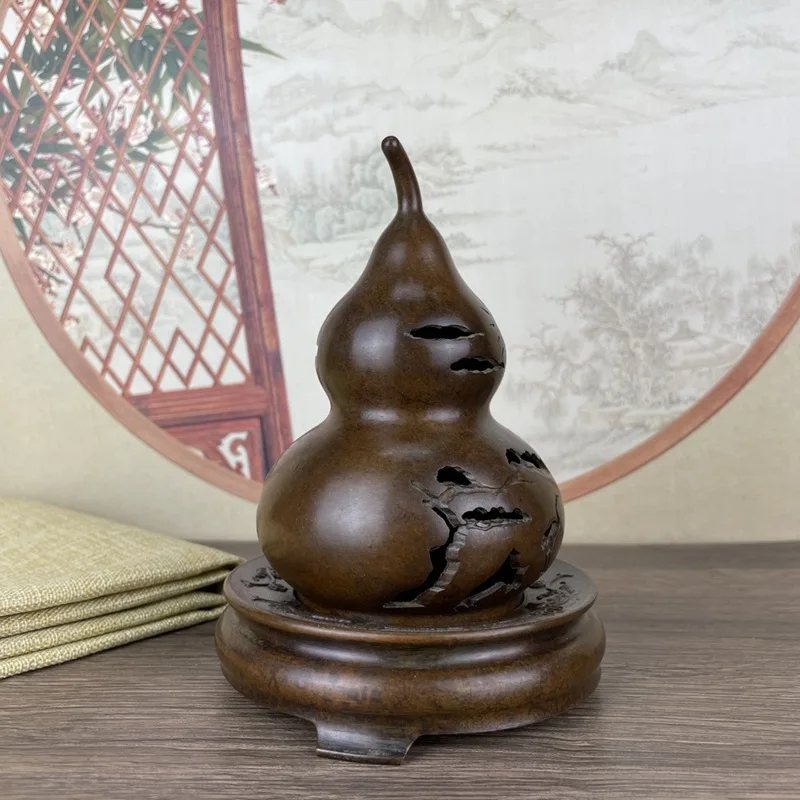 Retro Copper Gourd Incense Burner Ornaments with Base Retro Furnishings Decorative Crafts Gourd Incense Burner