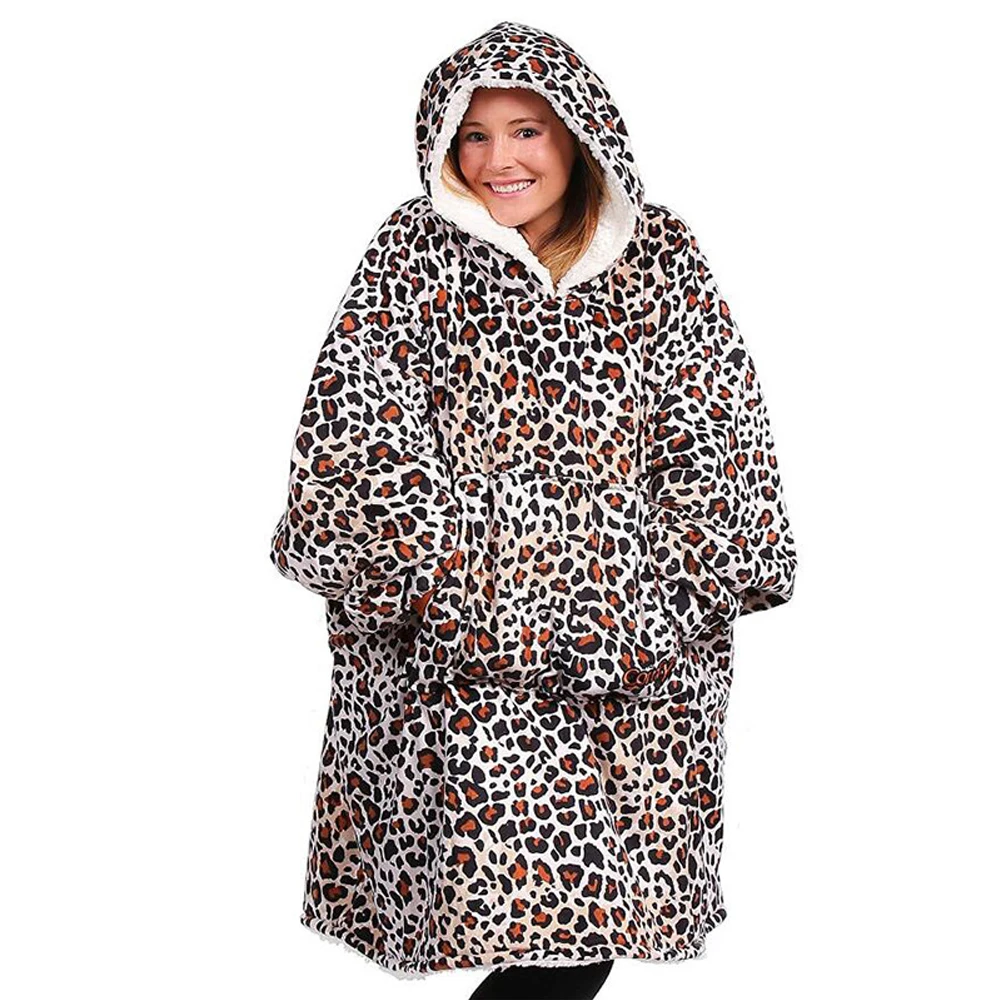 Winter New White Leopard Print Lazy Blanket Casual Hooded Tv Blanket One Size Fits All Hooded Hoodie Large Pocket