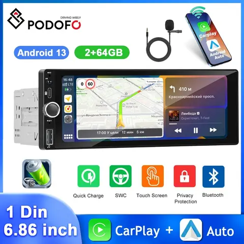 Podofo 6.86'' 자동차 라디오 Carplay 안드로이드 자동 1Din 멀티미디어 플레이어 안드로이드 라디오 MP5 플레이어 IPS 스크린 미러 링크 자동차 스테레오