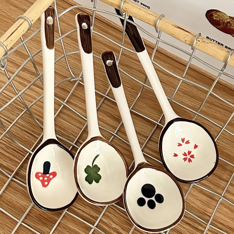 Cute Ceramic Soup Spoon Kawaii Korean Ice Cream Hand Painted Dessert Spoon With Long Handle Kitchen Tableware Accessories Gift